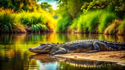 Relaxed Alligator Resting on Riverbank, Wildlife Photography, Copy Space