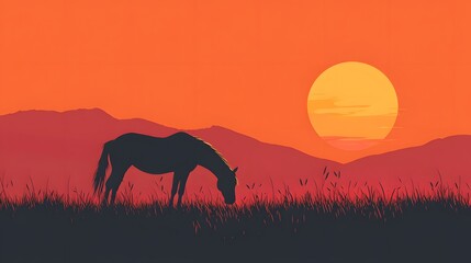 Naklejka premium Silhouette of a horse in a field during sunset with vibrant orange skies and a peaceful nature setting