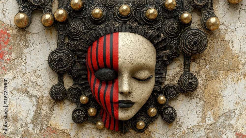 Poster artistic mask with contrasting colors and intricate designs on textured background