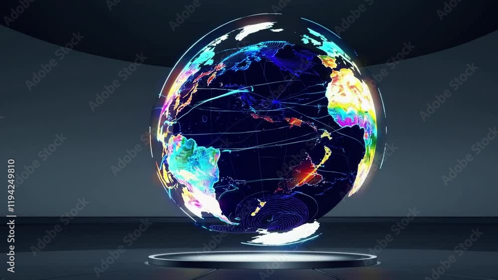 Wall mural futuristic digital globe displaying vibrant colorful data representations of earth's continents and 