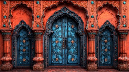 Ornate blue doors in a vibrant orange building with intricate carvings.