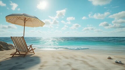 Obraz premium A coastal luxury setup featuring a reclining chair with a striped cabana umbrella, the backdrop of shimmering turquoise ocean waves, warm golden sand, and a few seashells scattered around,