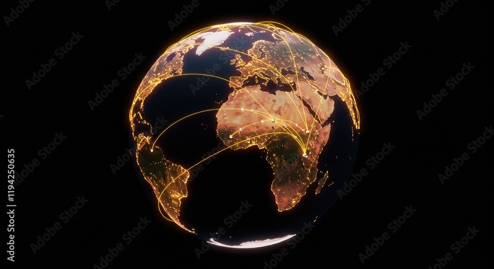 Poster global connectivity: illuminated earth network at night displaying modern communication paths