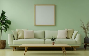 Fototapeta premium Green living room sofa, plants, coffee table, wall art mockup