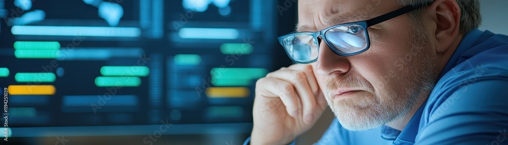 Aufkleber man with glasses focused on computer screen, deep in work, study or digital exploration