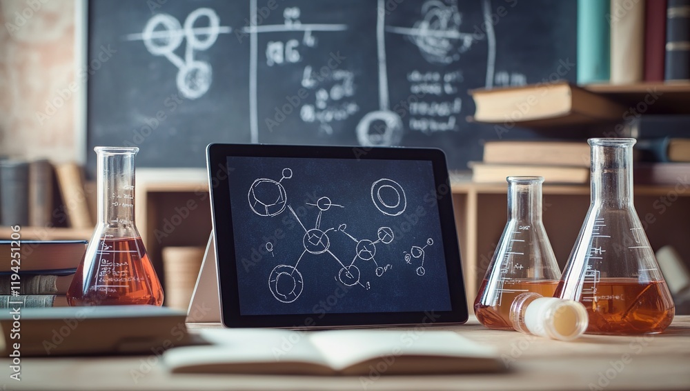 Poster exploring molecular structures: tablet displays diagrams, erlenmeyer flasks hold liquids in classroo