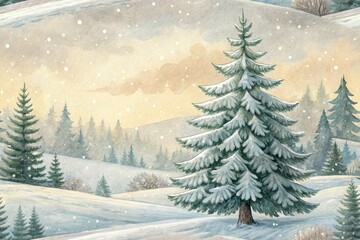 Naklejka premium Winter wonderland scene with snow-covered pine trees in pastel landscape