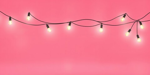 Christmas lights banner on pink background with modern cute bulbs on a string perfect for new year invitation flyer template, banner, modern, flat