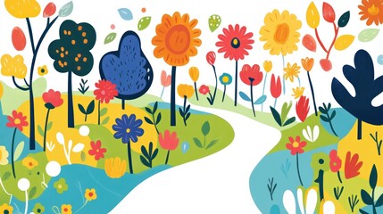 Colorful garden path, floral landscape, spring, illustration, whimsical, design, children's book, banner