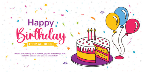 Vibrant Happy Birthday Banner. Festive Elements and Lettering. Trendy Happy Birthday Background with Elegant Party Elements. Coloring Balloons for Birthday Decorations. Cute Birthday Cake With Candle.