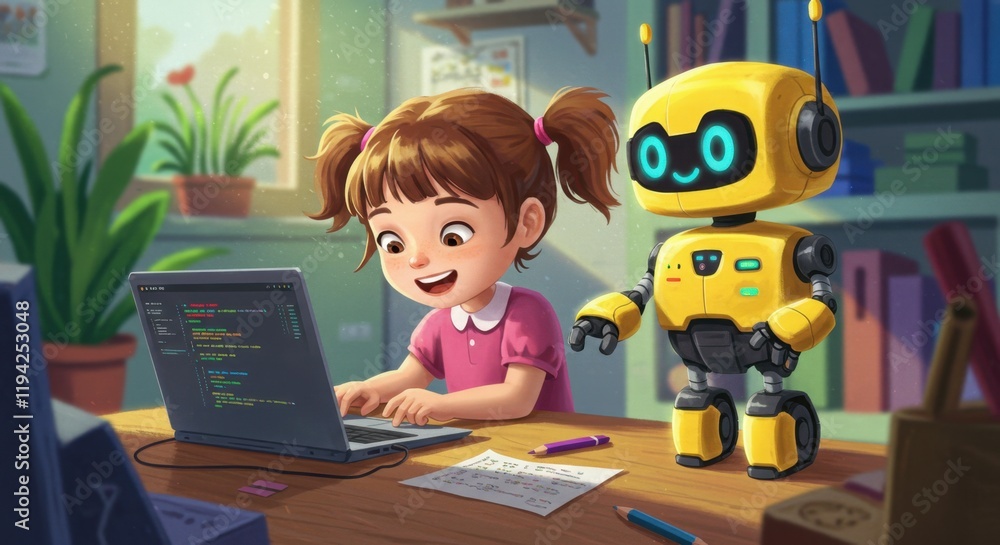 Poster little girl coding with friendly robot companion in a creative learning environment