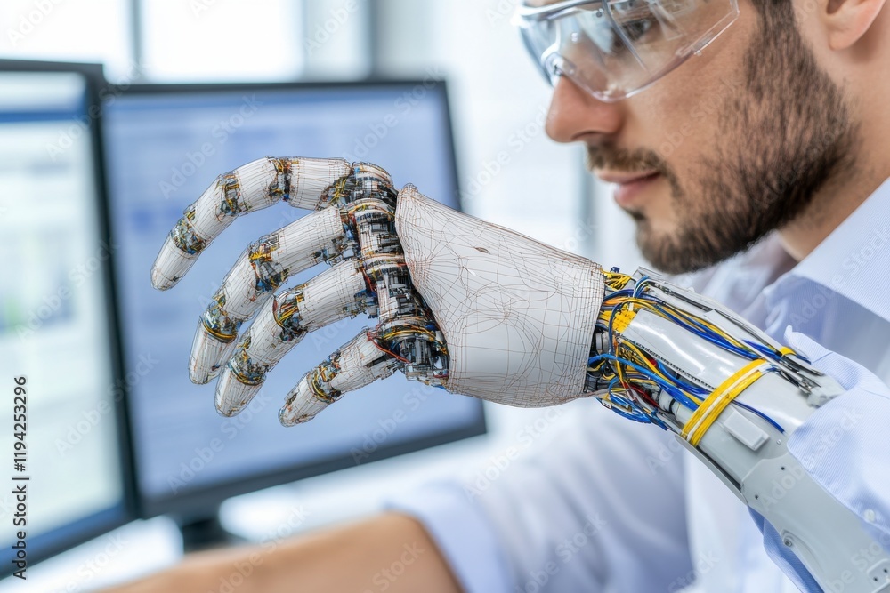 Aufkleber man wearing glasses working with robotic hand in modern office environment showing technology and in
