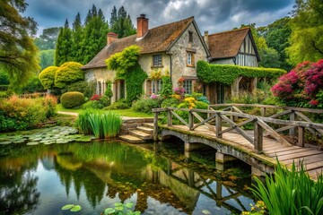 Obraz premium Rustic French Countryside Home by Pond, Garden Bridge, Vintage Charm