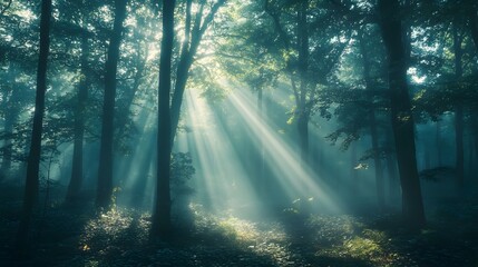 Obraz premium Sunlight beams through misty forest trees on a serene morning path