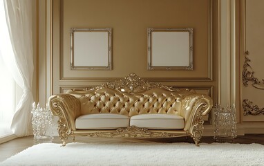 Luxurious gold sofa in elegant room, sunlight streams through window