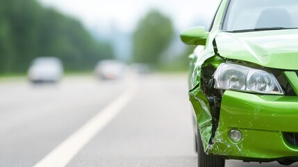 Damaged green car with dent, accident, repair and automotive insurance. needs body shop service.