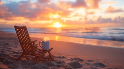 A lounge chair on golden sand, illuminated by the soft light of dawn, a coffee mug gently steaming in the foreground, the horizon painted with warm orange and pink hues, ocean waves softly shimmering,