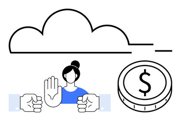 Handcuffs, woman with stop gesture, cloud, and dollar coin highlight themes of cybersecurity, financial protection, and restriction. Ideal for tech safety, finances, fraud control boundaries