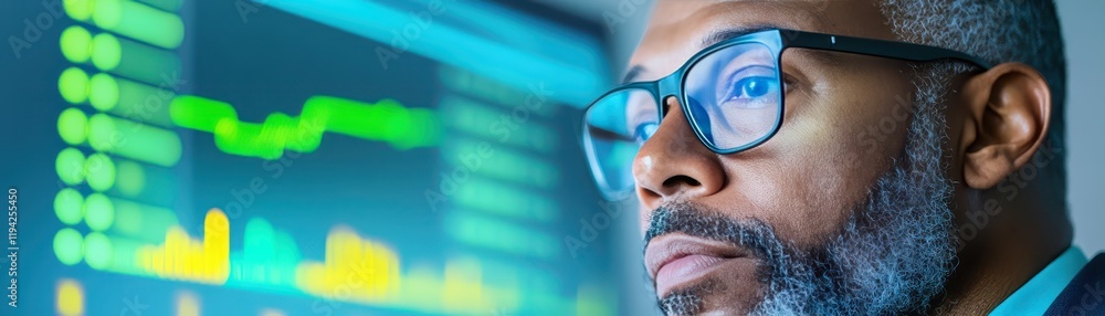 Aufkleber man with glasses focused on computer screen, absorbing information and displayed insights