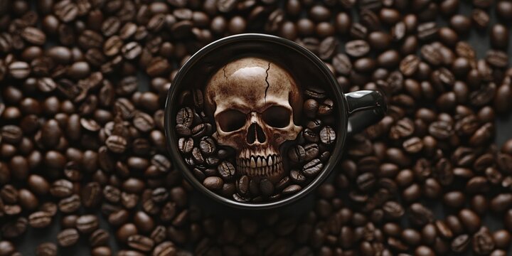 Dark Coffee Beans Surround a Skull in a Mug Mysterious Still Life