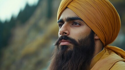 Thoughtful young sikh man in turban in nature. Spiritual Teachers Month