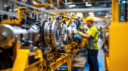 Fototapeta premium Male worker in yellow safety vest assembling industrial machinery in factory