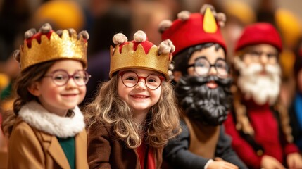 Fototapeta premium Children celebrating three kings' day in festive costumes and crowns