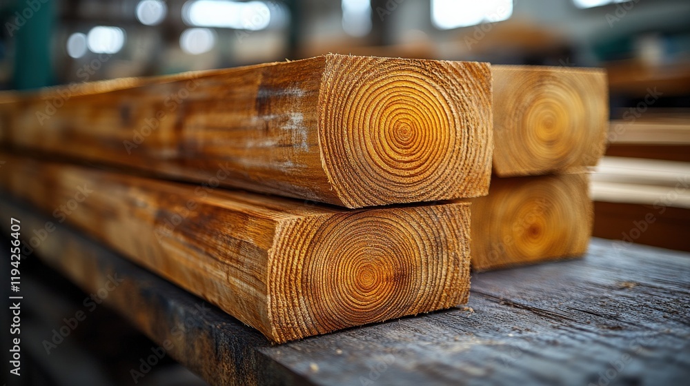 Aufkleber natural wooden logs with intricate patterns showcasing grain texture in a carpentry workshop setting