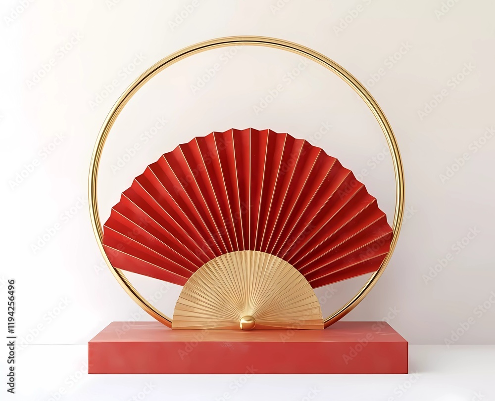 Aufkleber 3d rendering of a podium mockup with red and gold chinese new year decorations on a white background