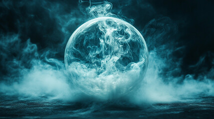 Mysterious sphere surrounded by swirling smoke in a dark atmosphere