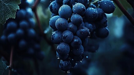 Ripe blue grapes with water drops ready for harvest in a vineyard