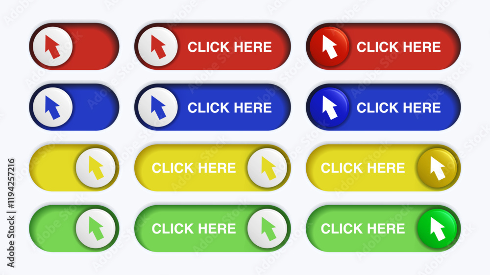 Poster click here button set: red, yellow, blue, and green vector web buttons with arrow pointer action. cl
