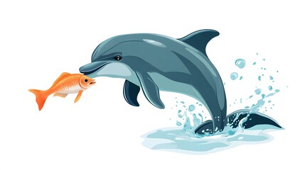 Fototapeta premium 99. A dolphin eating a fish, swimming in the water, with a pure white background