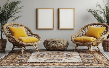 Relaxing bohemian living room with wicker chairs, rug, and frames