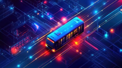 A futuristic bus traveling through a neon-lit cityscape with digital elements.