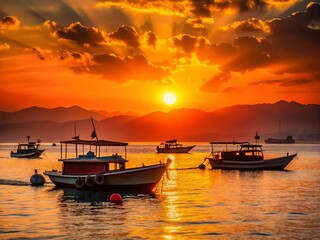 Fototapeta premium Silhouette of Boats at the Egyptian Coastline, Aqaba, Red Sea, Jordan