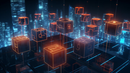 Futuristic Blockchain Network Visualization with Interconnected Digital Data Blocks Floating in a Cybernetic Smart City Environment