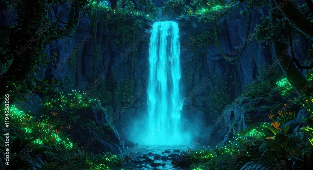 Poster enchanting luminescent waterfall in a mystical forest setting