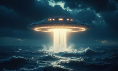 Mysterious UFO over turbulent ocean waves