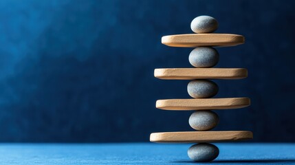 Balanced stack of wooden blocks and stones against deep blue background