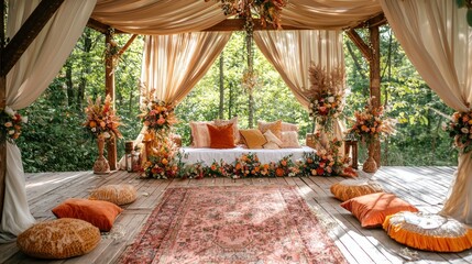 Rustic Autumn Wedding Ceremony Setup in a Forest