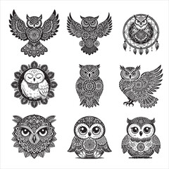 Owl Mandala pattern vector illustration, Owl Zentangle Design, Owl Bird Clipart Pack
