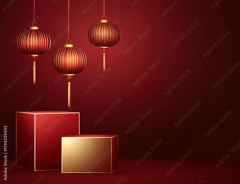 Poster vector background design of red and gold square podiums for product display with hanging lanterns, c