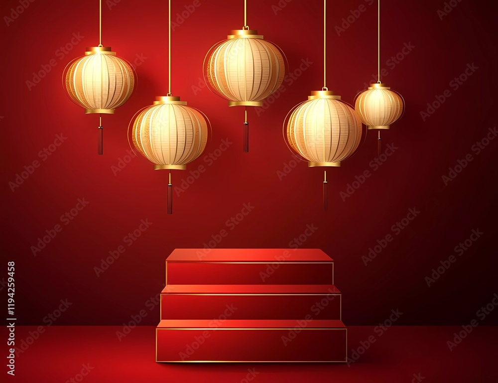 Poster vector background design of red and gold square podiums for product display with hanging lanterns, c