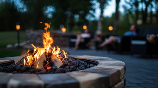 Cozy evening outdoors by the fire pit with relaxed adults amidst nature