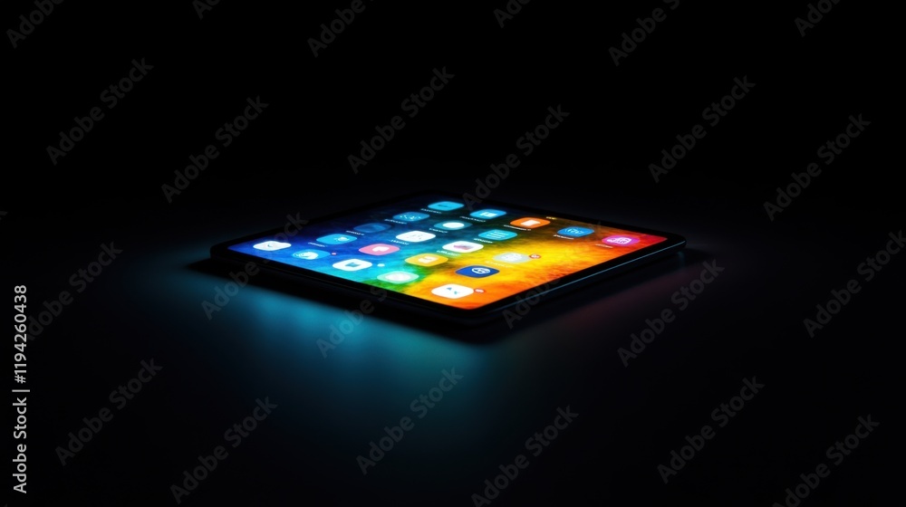 Poster illuminated tablet device displaying colorful application icons against a dark background, showcasin