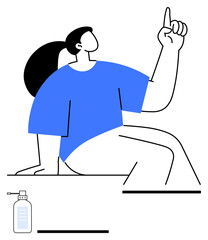 Woman raising one finger as a gesture of an idea, communication, or direction, while sitting. Includes a hand sanitizer bottle. Ideal for creativity, focus, personal hygiene, health awareness