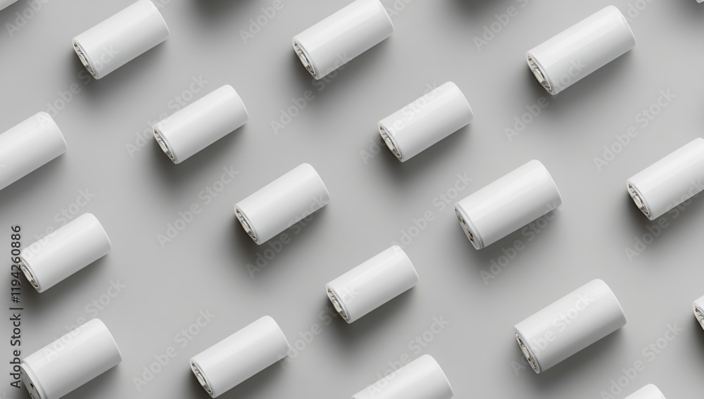 Poster cylindrical batteries arranged in a repeating pattern on a neutral background: a study in clean desi