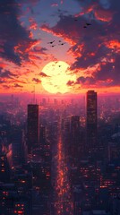 Fototapeta premium Stunning sunset over a vibrant city skyline with skyscrapers and flying birds.