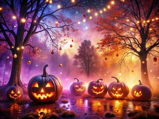 Fototapeta premium Spooky Halloween Double Exposure: Glowing Pumpkins & Purple Night
